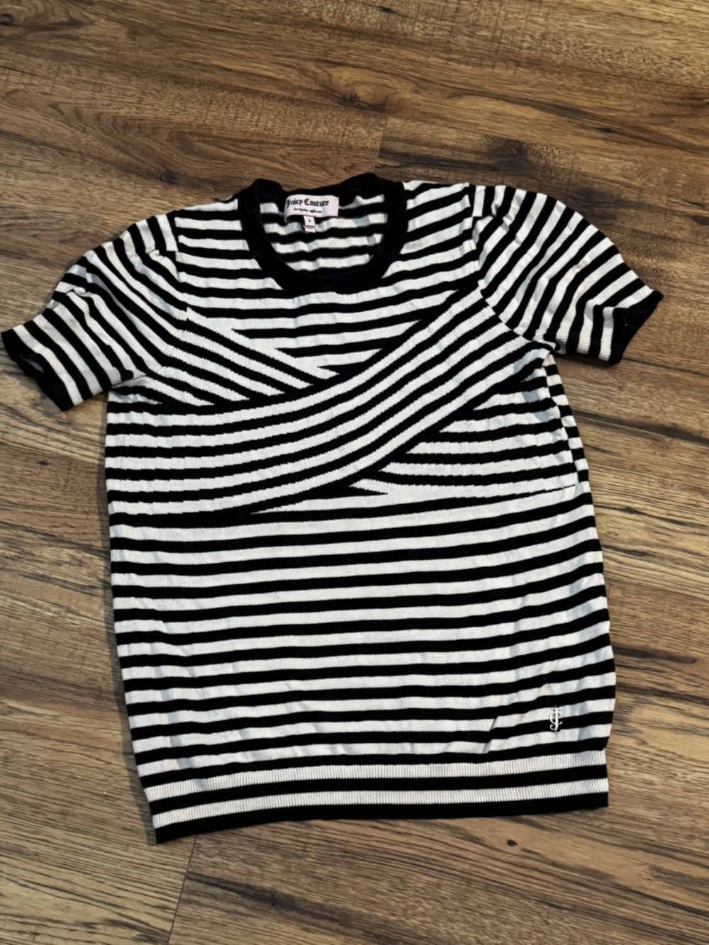Juicy Couture Black White Striped Short Sleeve Knit Top Crossover Small